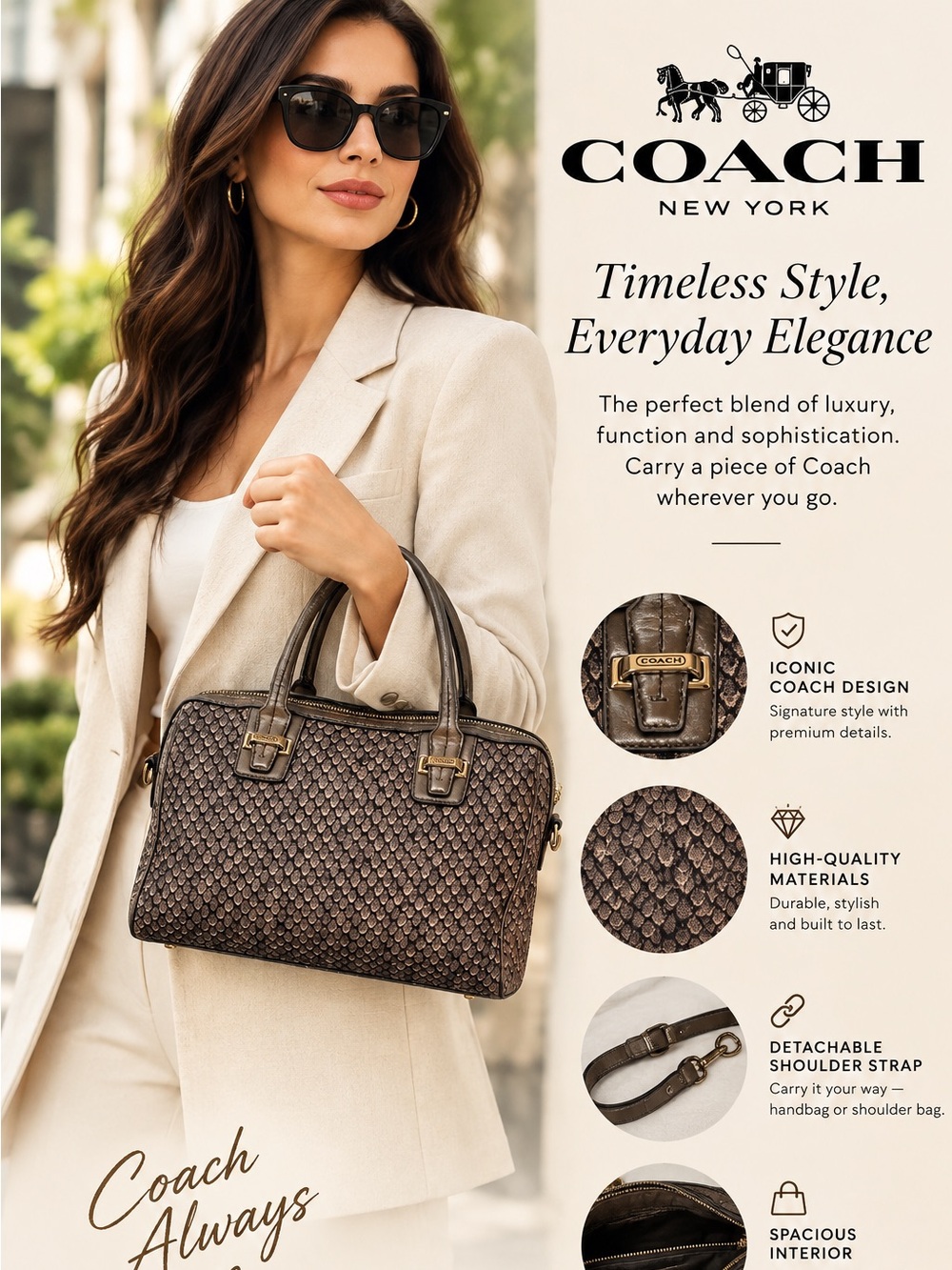 Coach Textured Brown Snake-Print Satchel with Removable Strap